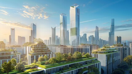 Fototapeta premium Urban Oasis Panoramic Cityscape with Sustainable Architecture and Lush Green Rooftops