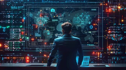 AI developer working on data models, surrounded by data visualizations