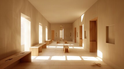 Sunlight Streaming Through Windows in a Minimalist Corridor