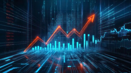 Naklejka premium A digital rendering of an upward trending arrow with blue and orange bar graphs on a digital display.