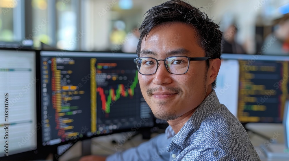 Poster ai developer working on data models, surrounded by data visualizations