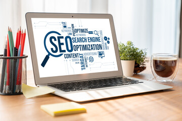 SEO search engine optimization for modish e-commerce and online retail business showing on computer...