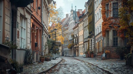 Fototapeta premium An old town cityscape, cobblestone streets, historic architecture, modern city buildings in the background