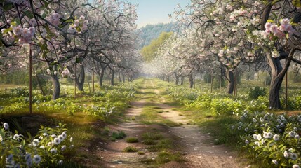 Fototapeta premium Blossoming Beauty A Tranquil Pathway Through a Vibrant Apple Orchard Embrace the Renewal of Spring in this Serene Stock Image