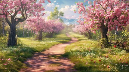 Fototapeta premium Blossoming Beauty A Tranquil Pathway Through a Vibrant Apple Orchard Embrace the Renewal of Spring in this Serene Stock Image
