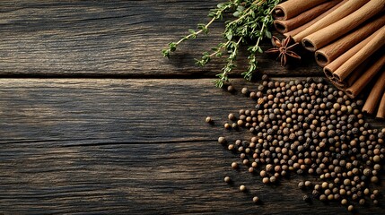 Naklejka premium Flat lay of popular spices like black peppercorns, mustard seeds, and cinnamon sticks, placed on a rustic wooden table with a sprig of fresh thyme.