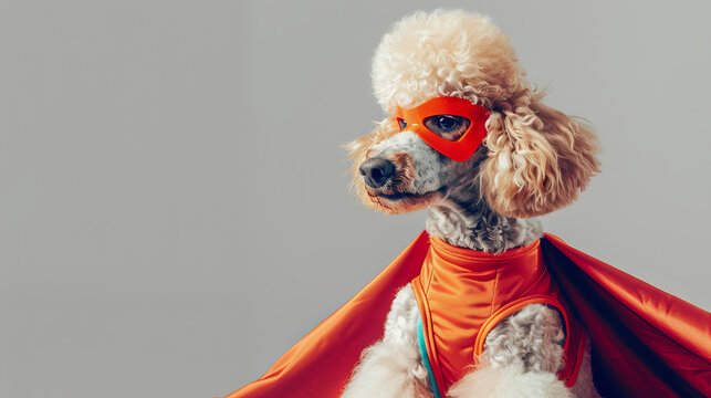 Cute light poodle in memorable bright superhero image. National Superhero Day, International Dog Day