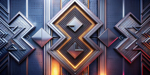 Obraz premium Geometric shapes are arranged in a symmetrical pattern,with a metallic surface and bright orange and blue lighting.Design creates a sense of depth and movement through the use of lines and shapes.AI 