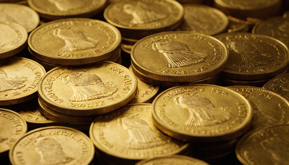 Numerous gold coins are spread out across a surface, glinting in the light. The coins exhibit detailed engravings and varying sizes, creating an eye-catching display