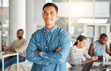 Businessman, portrait and office with arms crossed, smile and confidence for management goals....