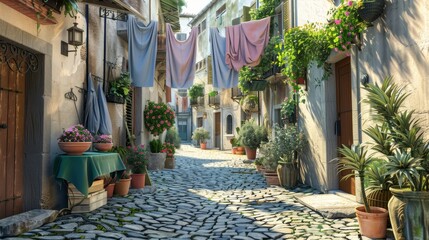 Mediterranean Charm Quaint Cobblestone Alleyway with Hanging Laundry and Potted Plants