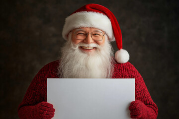 Naklejka premium Happy Santa Claus Holding Blank White Sign for Christmas Holiday Message or Promotional Text on Red Background for Seasonal Marketing Concept Photography