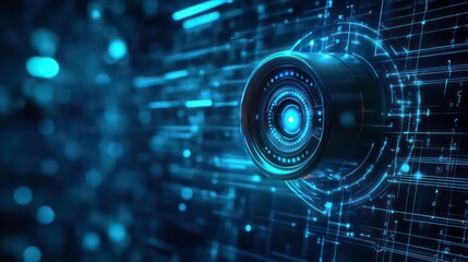 Futuristic technology background with a digital eye in the center, surrounded by a glowing blue interface.
