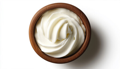 Wooden Bowl Filled with Creamy Whipped Cream on White Background for Food Photography and Cooking Ingredient Concept Design