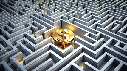 A golden dollar symbol is positioned at the center of a complex maze, symbolizing the challenges and pathways in navigating financial opportunities and investments
