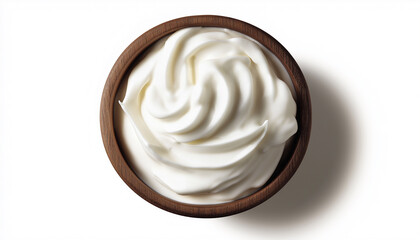 Wooden Bowl Filled with Creamy Whipped Cream on White Background for Food Photography and Cooking Ingredient Concept Design