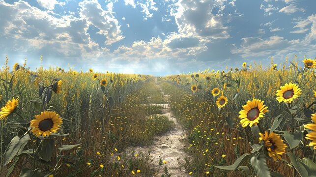 Golden Path Tranquil Sunflower Field in Full Bloom