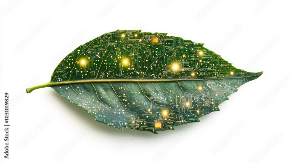 Poster a green leaf with a glowing circuit board pattern inside.