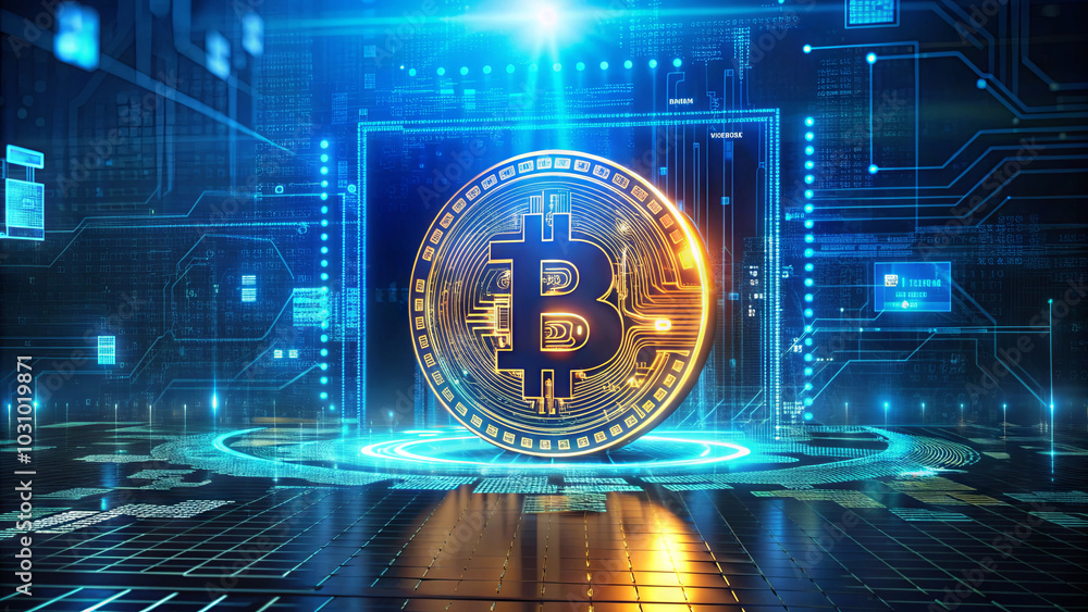 Poster a vivid depiction of a bitcoin symbol prominently displayed in a high-tech environment, surrounded b