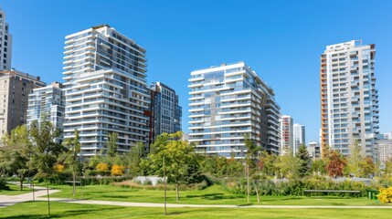 Fototapeta premium Modern apartment buildings with lush green park in the foreground