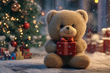 Festive Christmas Teddy Bear with Holiday Gift Box, Surrounded by Christmas Tree and Decorations in a Cozy Winter Scene, Ai Generation