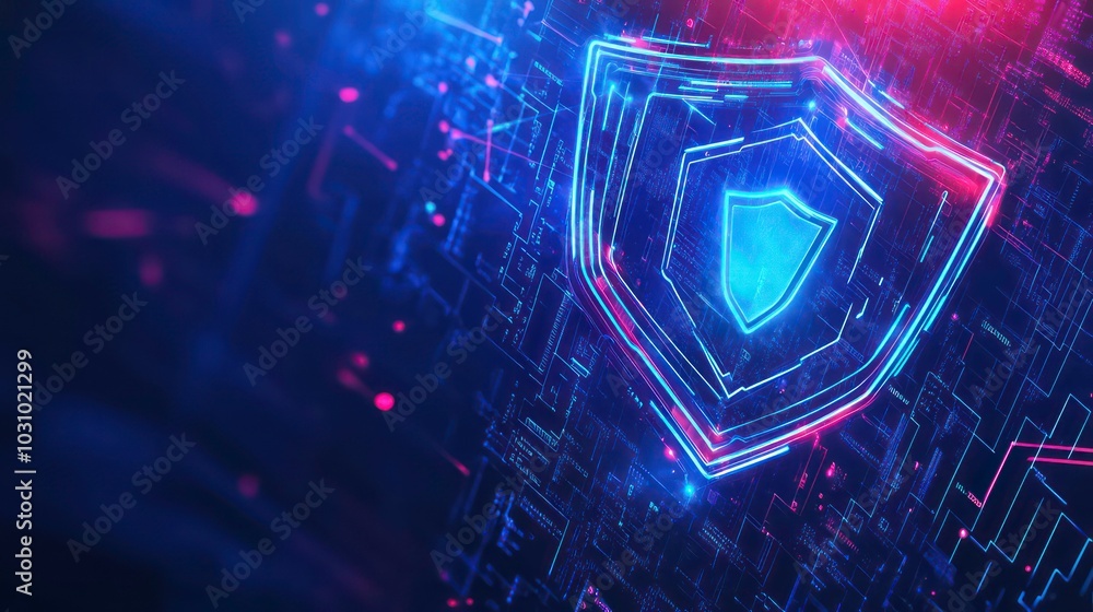 Poster a glowing blue shield icon within a digital circuit board, symbolizing data security and protection.