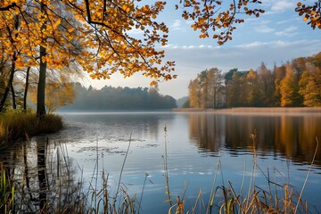 Fototapeta premium Autumn Lake Scene with Reflections and Golden Leaves 