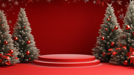 Red and Silver Christmas Themed Stage with Snow Covered Trees for Festive Holiday Product Display and Winter Season Decoration Photography