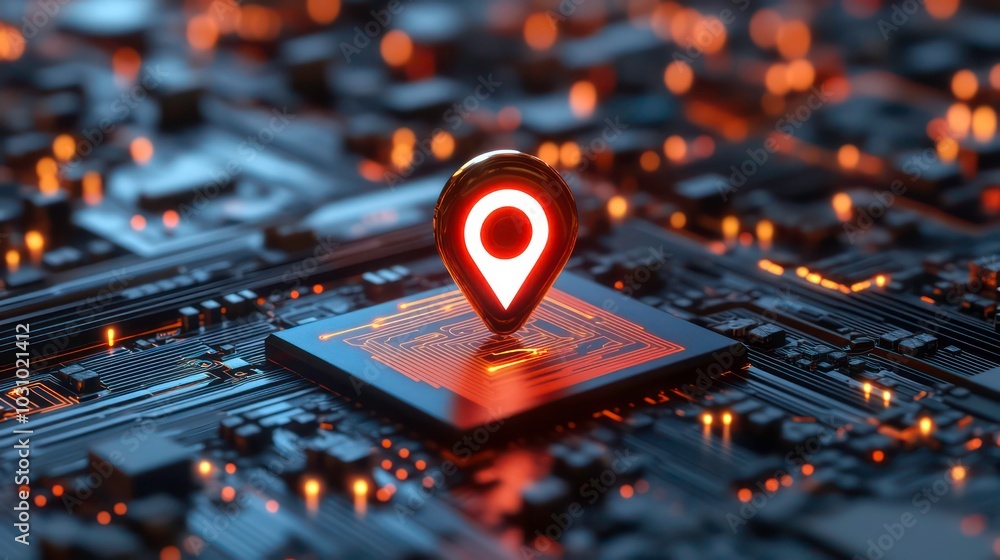 Poster a golden location pin rests on a circuit board, symbolizing the connection between technology and lo