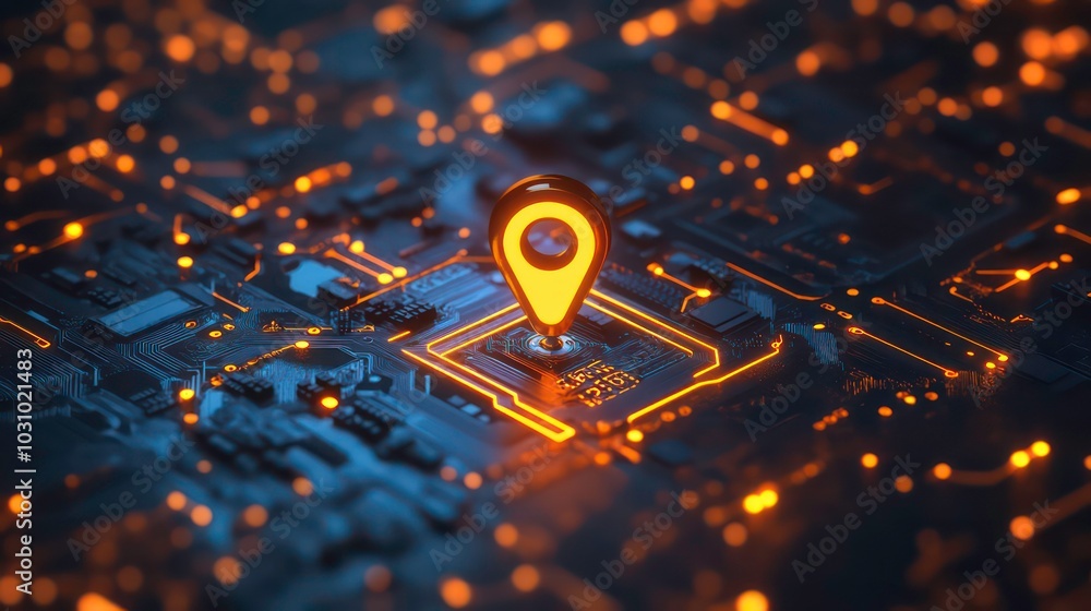 Aufkleber a glowing location pin sits on a circuit board, representing the convergence of technology and locat