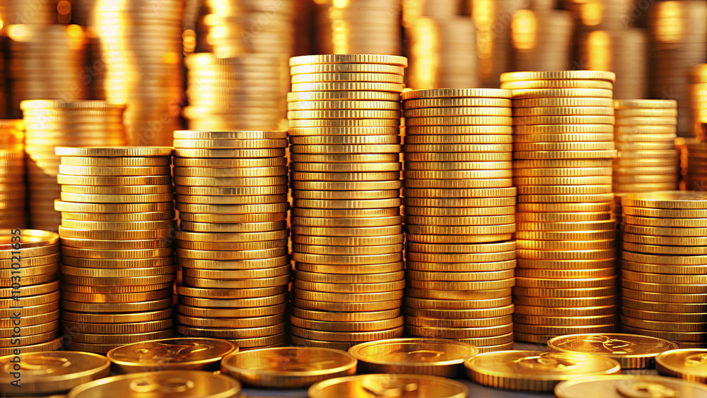 Poster multiple stacks of shiny golden coins are arranged neatly, reflecting light, creating an impression 