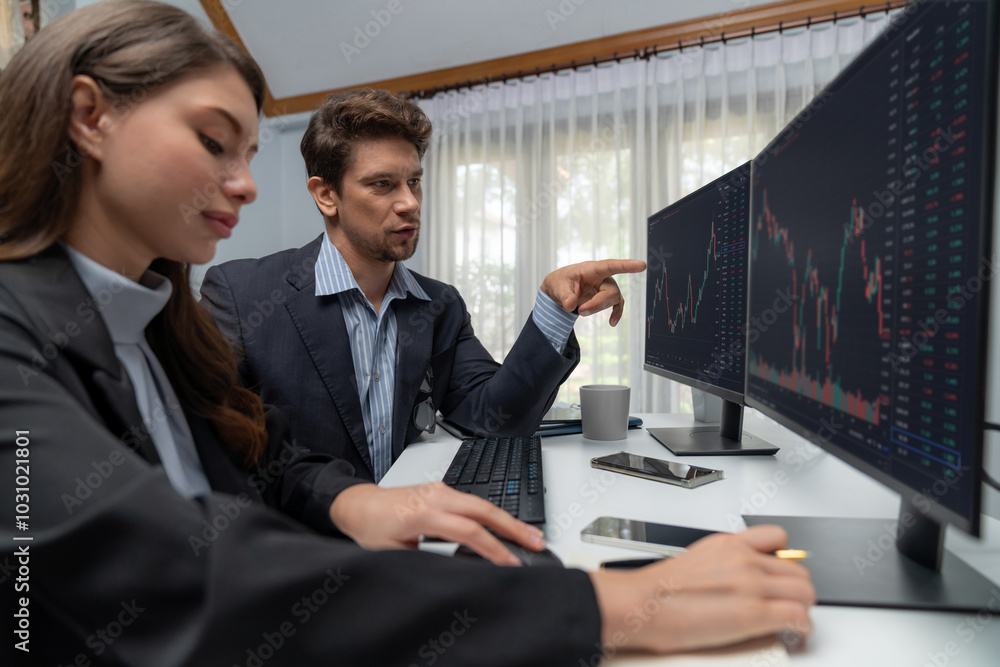 Poster two business traders discussing on dynamic stock market in currency rate investment trading on two p