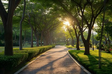 Fototapeta premium Tree-Lined Pathway in Park at Sunrise 