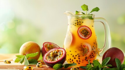 Vibrant and Invigorating Passion Fruit Infused Water with Fresh Fruits and Mint Leaves A Refreshing Summer Delight