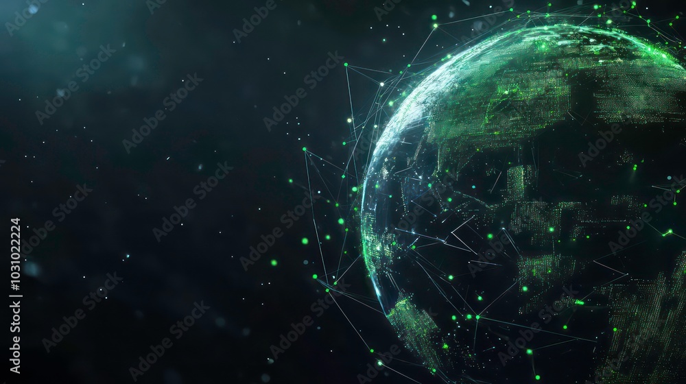 Poster a digital rendering of the earth with a network of lines and dots connecting the continents, represe