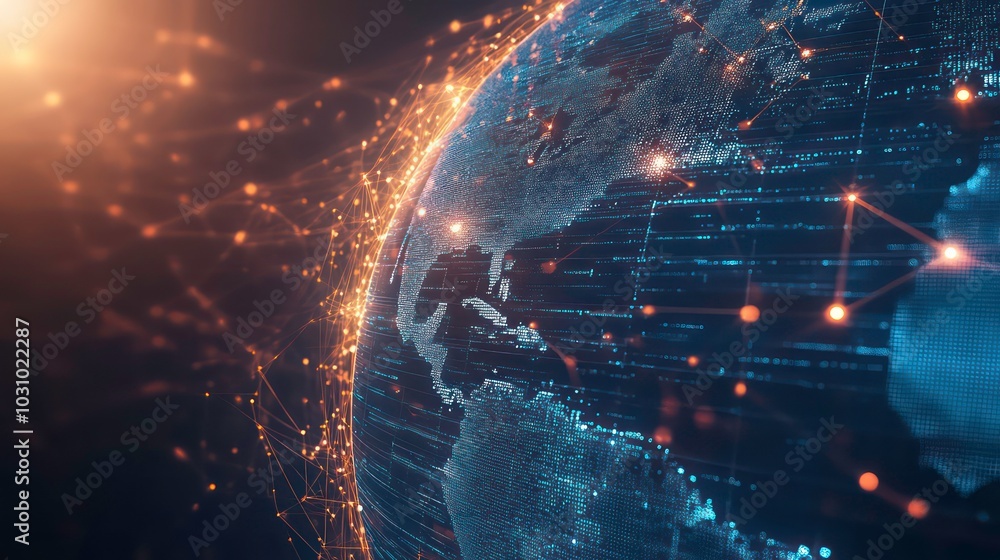 Poster a glowing digital earth with connected lines showing global connectivity.