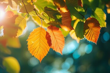 Autumn Leaves Glowing in Sunlight on Tree Branch
