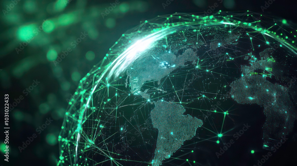 Poster a glowing green globe with a network of lines and dots representing global connection. the globe is 