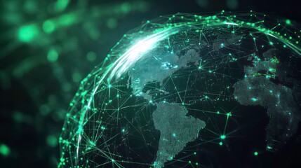 A glowing green globe with a network of lines and dots representing global connection. The globe is surrounded by a green bokeh background.