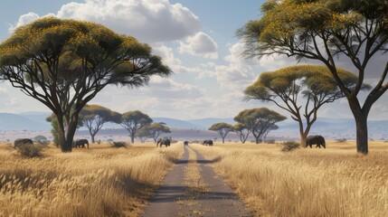 Naklejka premium Wild Serenity Majestic Elephants Roaming the African Savanna under Acacia Trees