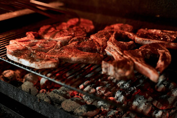 Closeup, meat and grill for barbecue, event and celebration on weekend or holiday with fireplace. Zoom, cooking and bbq in food for nutrition, dinner and beef on flames in party, reunion or backyard