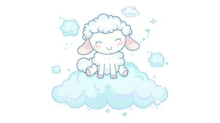 A cute little lamb sitting on top of the clouds