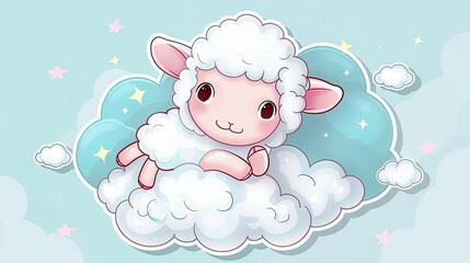 A cute little lamb sitting on top of the clouds