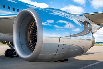 Stunning Close-Up of a Well-Maintained Silver and Blue Jet Engine Mounted on an Airplane Wing, Set Against a Clear Blue Sky with Clouds and a Distant Runway.