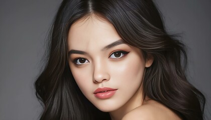 Fototapeta premium Stunning portrait of a young Asian woman with long hair and a natural makeup look