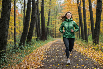 Portrait of happy beautiful sporty woman runs on a path in the autumn park, she is wearing a green jacket and black pants. Healthy lifestyle concept