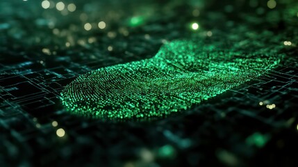 A glowing green fingerprint sits on a futuristic circuit board, representing digital security and identity.