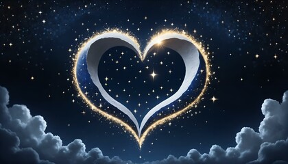 Glowing heart shape made of stars and sparkles against starry night sky with clouds
