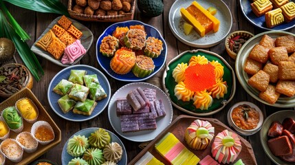 Vibrant Malaysian Kuih Spread on Rustic Table A Feast for the Eyes
