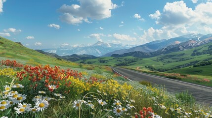 Wildflower Wonderland Majestic Mountains and Curving Roads in Nature's Embrace